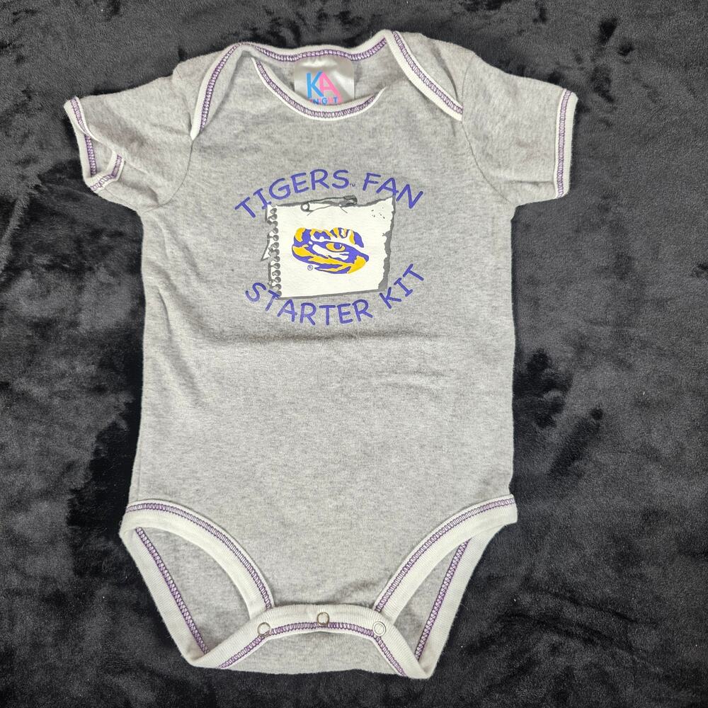 LSU "Tiger Fan Starter Kit" Graphic Grey Baby Bodysuit Infant Sz 6 - 9 Mos Gift